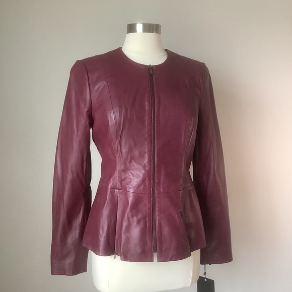 NEW Badgley Mischka Genuine Leather Peplum‎ Jacket Burgundy 67047 Size M - Picture 3 of 15